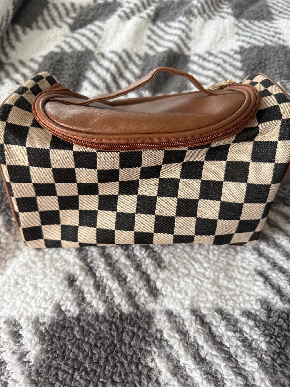 Brown & Black Checkered Women's Cosmetic Travel Bag